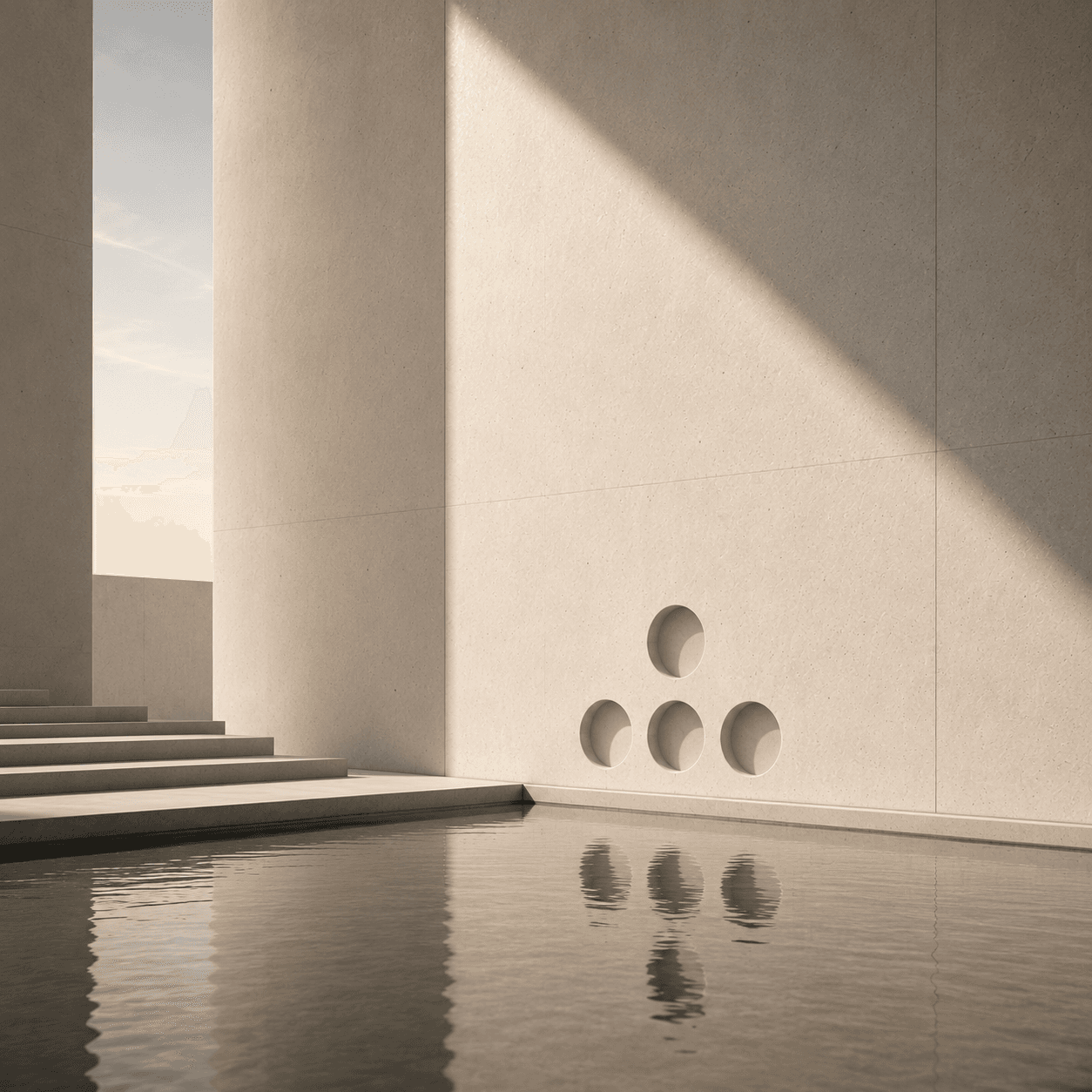 Minimal architectural courtyard with the HOD mark carved into a stone wall